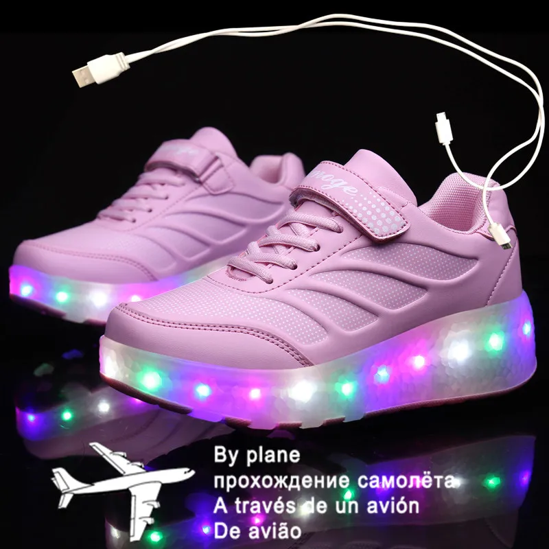 

Children Two Wheels Luminous Glowing Sneakers Black Pink Led Light Roller Skate Shoes Kids Led Shoes Boys Girls USB Charging