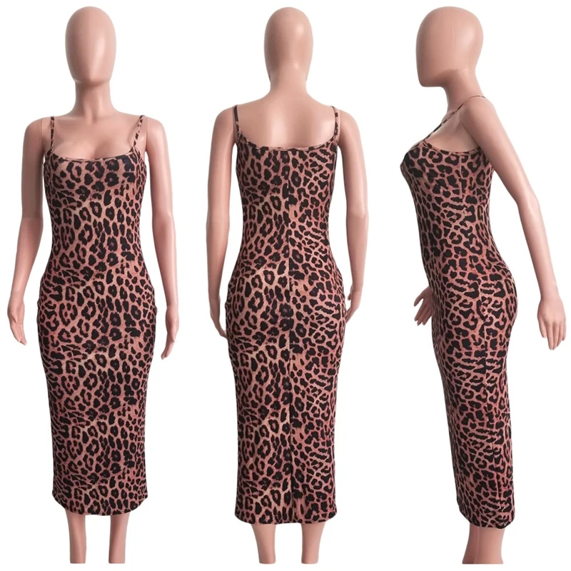 

Sexy Spaghetti Straps Women Dress Leopard Print Sleeveless Long Dress
