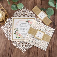 50 pcs gold lace glitter wedding invitations laser cut party invitation card with envelope cw2519