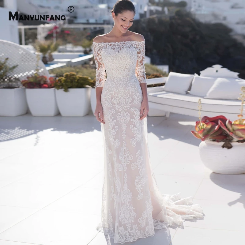 

High-End Boat Neck Off the Shoulder Embroidery Appliques Tulle Mermaid Wedding Dress Elegant Three Quarter Sleeve Bridal Gown
