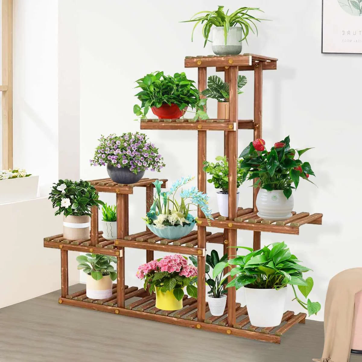 

5 Tiers Wooden Flower Rack Plant Stand Bonsai Display Shelf for Yard Garden Patio Balcony 97x25x98cm Multi Flower Stand Shelves