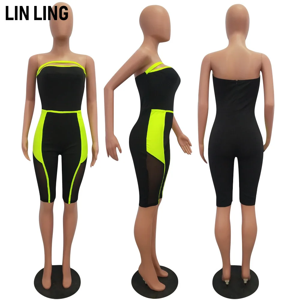 

LINLING 2021 Summer New Fashion Mesh Stitching Perspective Bra Slim One-piece Pants Straight Neck Slim Jumpsuit