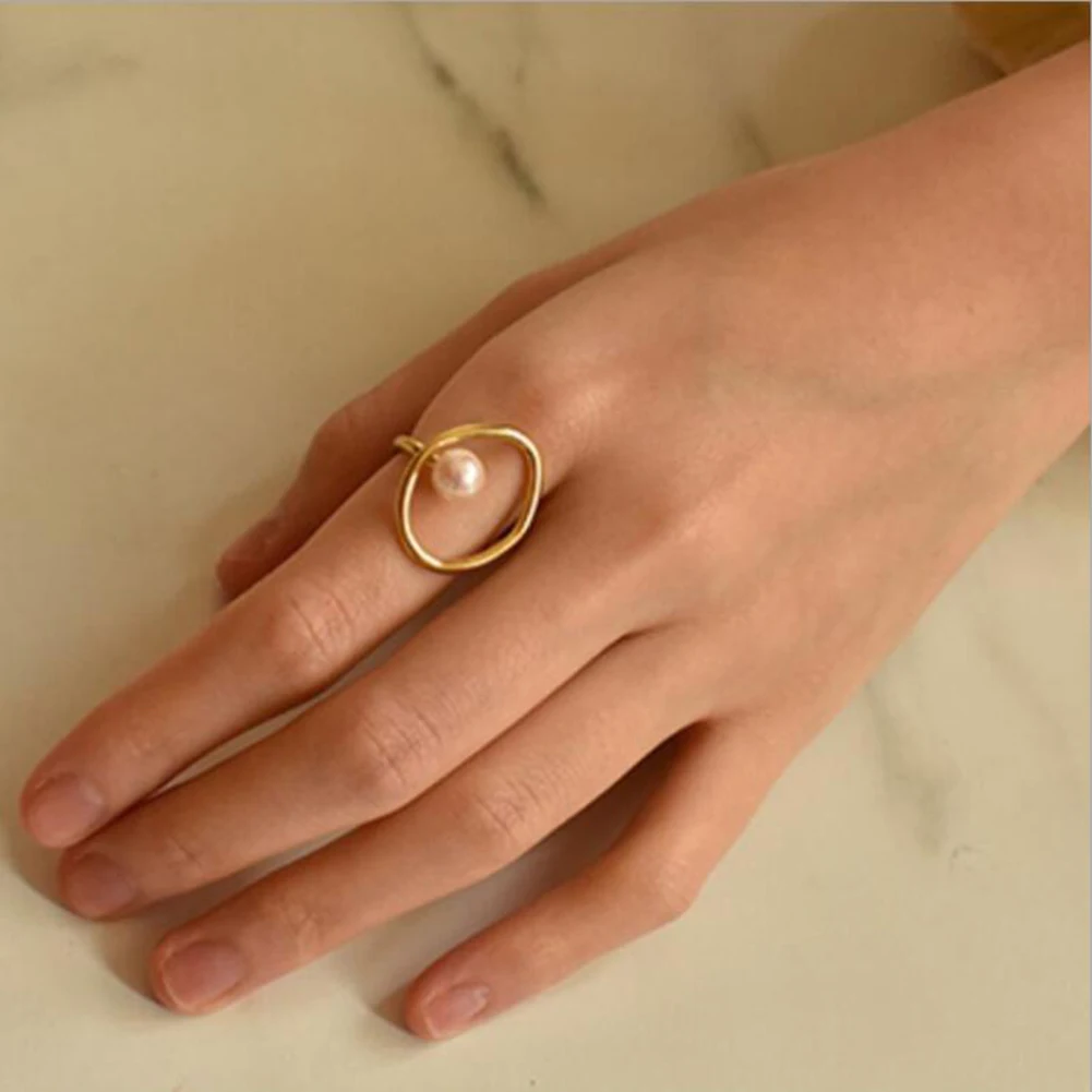 

Vintage Women Korean Gold Pearl Charm Finger Irregular Ring Open Adjustable Elegant Women Wedding Anniversary Gift