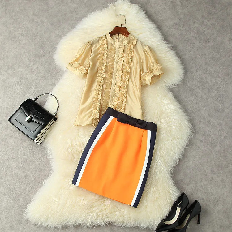 

European and American women's wear for summer 2021 Short-sleeved shirts standing collars Bow tie matching skirt Fashion suits