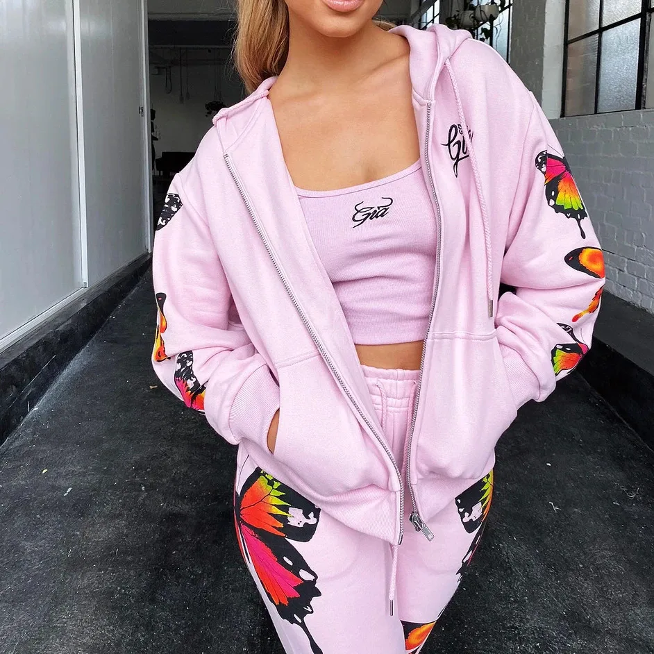 

2020 Fashion Female Sport Suit Set Butterfly Print Long Sleeve Hooded Tops High Waist Long Pants Tracksuit Homewear Clothes