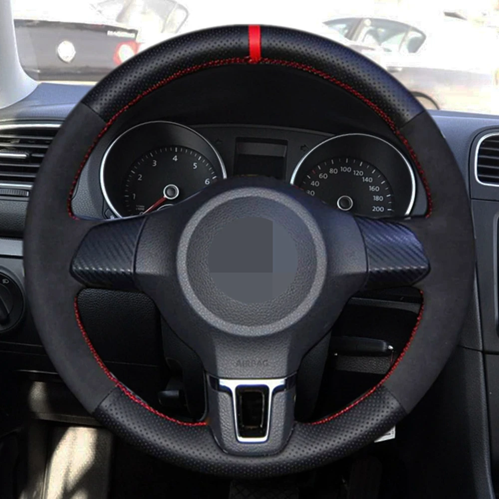 

Car Steering Wheel Cover DIY Black Genuine Leather Suede For Volkswagen Golf 6 Mk6 VW Polo Sagitar Bora Santana Jetta MK5