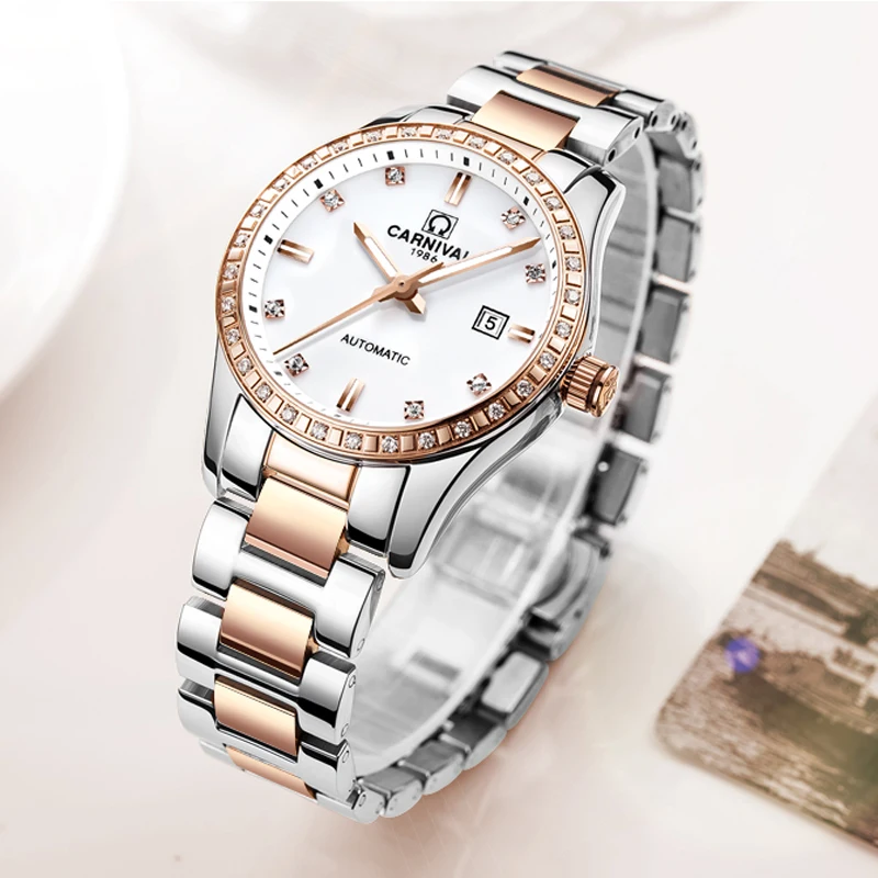 CARNIVAL Luxury Brand Mechanical Watches for Women Fashion Stainless Steel Automatic Wristwatch Waterproof Luminous Montre Femme enlarge