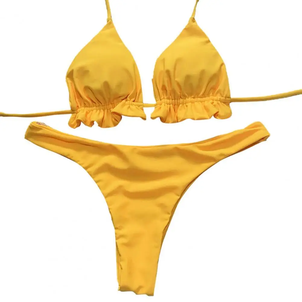

Summer Women Bikinis Set Drawstring Bikini Push Up Ruffle Padded Bra Low Cut Thong Two Piece Bathing Suit