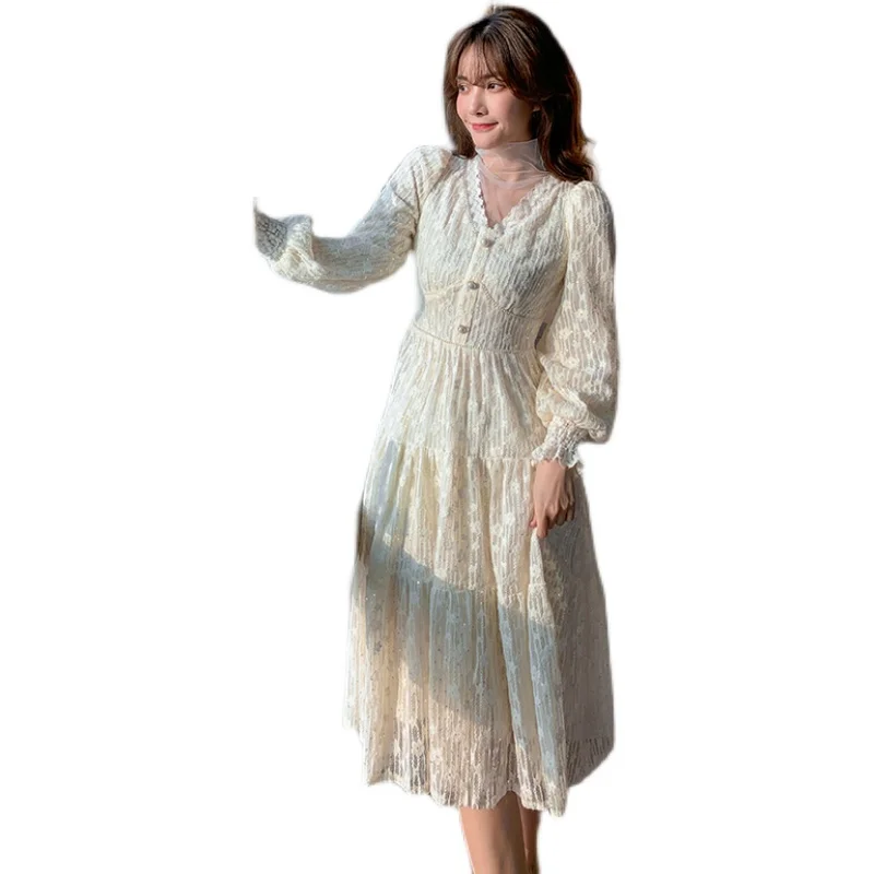 

COIGARSAM French Style Lace Women dress Spring Dresses Brief Paragraph Long 2124