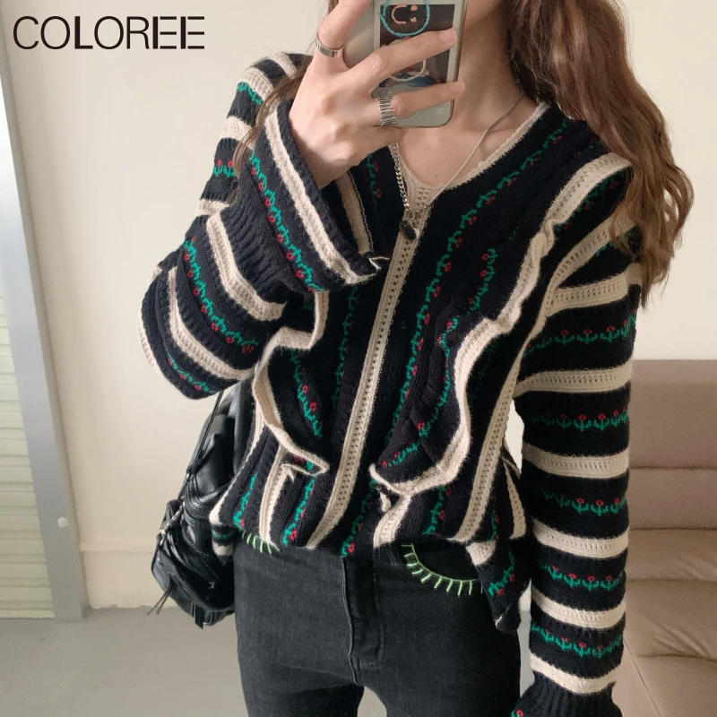 

Korean Fashion Elegant Clothing 2021 Autumn Winter Vintage Ruffles Long Sleeve Tops Mujer Oversized Knit Striped Sweater Women