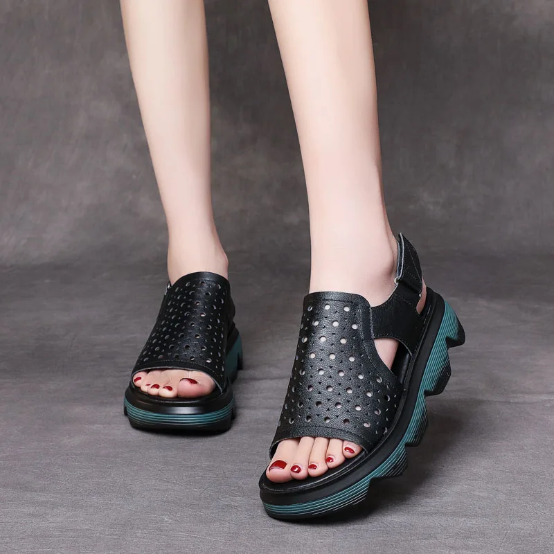 

DRKANOL Thick Sole Open Toe Sandals Women Casual Shoes 2021 New Summer Wedges Heel Platform Genuine Leather Gladiator Sandals