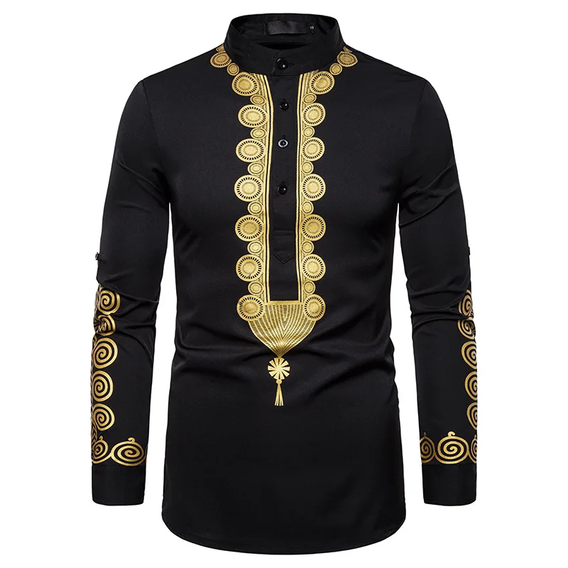 Мужская одежда в африканском стиле с воротником стойкой и пуговицами черная