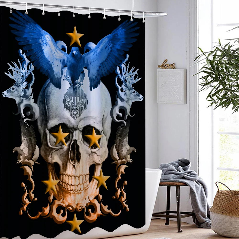 

Terror Skull Blue Black Shower Curtains Screen with Hooks Accessories Waterproof Polyester Fabric Washable Bathroom Curtain