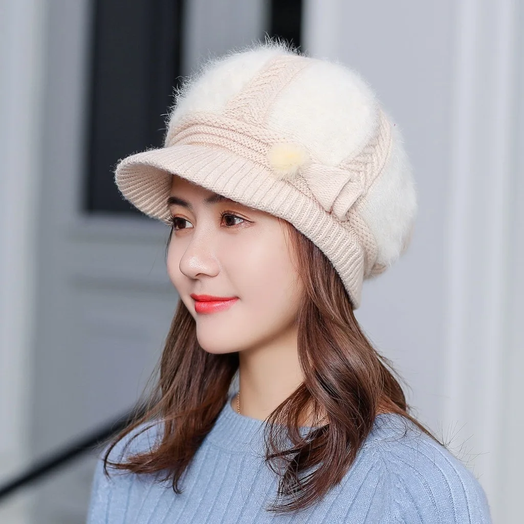 Зимние женские вязаные шапки с кроликом меховая шапка помпоном зимняя для