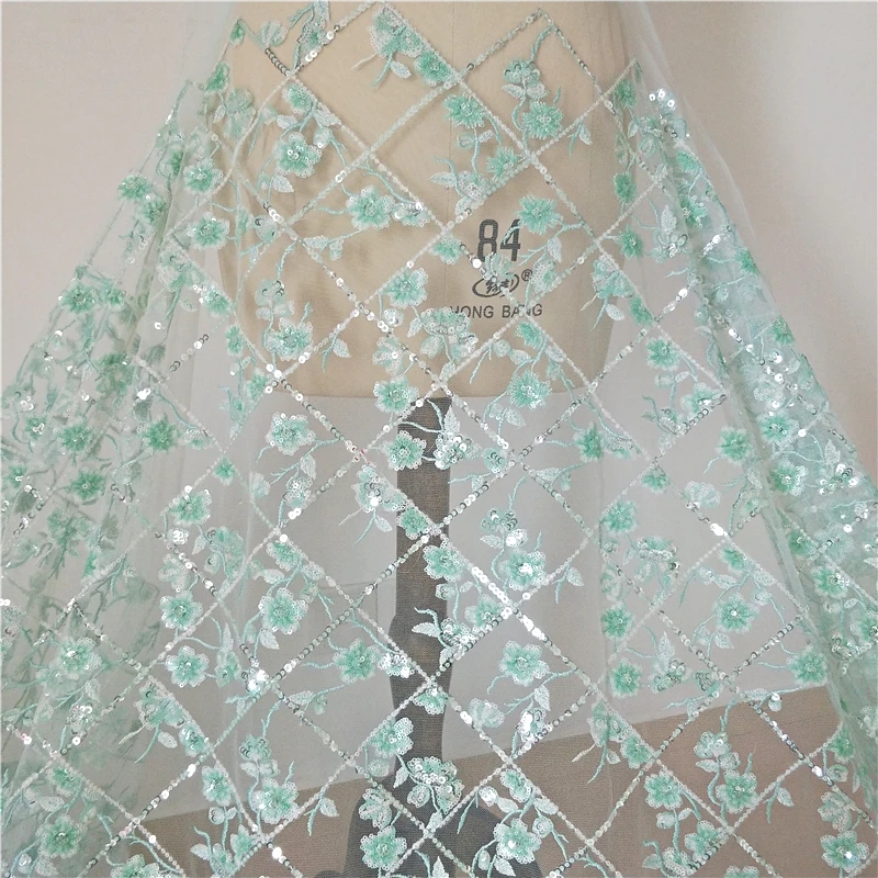 

High-end beaded lace fabric green grid sequin cheongsam dress fabric DIY handmade accessories curtain embroidery fabric