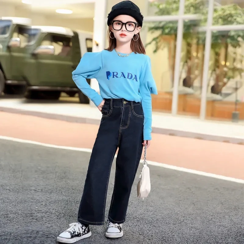 

Teenage Pants Girls Jeans Spring and Autumn Loose Trousers Jeans Straight-leg Pants Children's Trousers