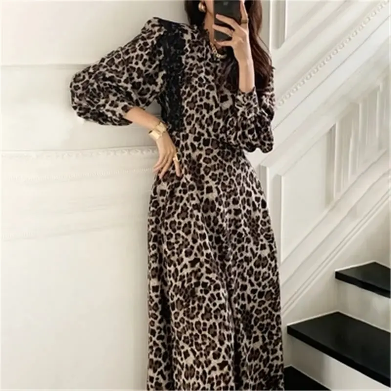 

HziriP Gentle Leopard Sexy Large Size Women OL Animal Printed Korean 2021 Office Lady Long Dress Long Sleeve Dresses Vestidos