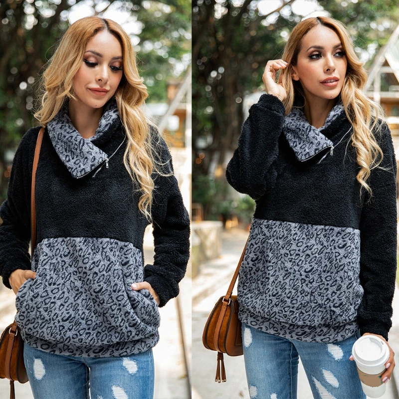 

Women Long Sleeve Sweatshirt Leopard Patchwork Loose Pullover Tops with Pockets Lapel Turtleneck Zipper Casual Sports Streetwear
