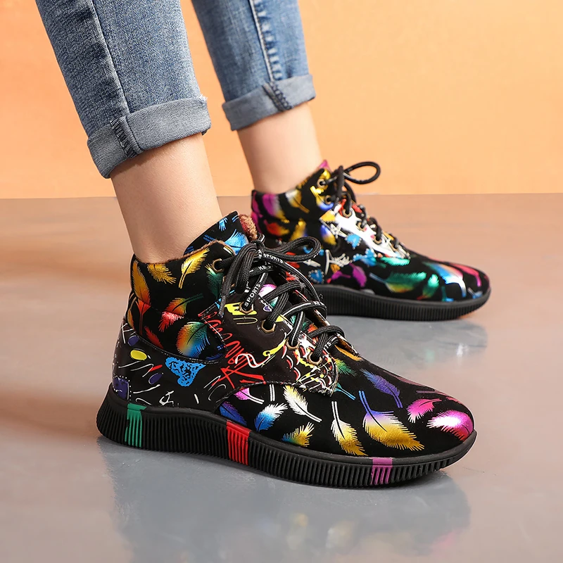

Pop European and American style colorful graffiti flat short boots warm round head student casual women's boots cotton shoes