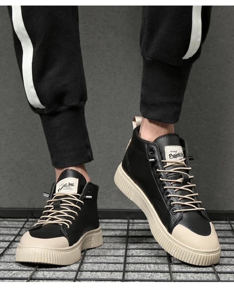 

Men Causal Shoes for Spring Summer High Top Lace-up Sneakers Stylish Black White Male Footwear Soft Leather Anti-skid Design