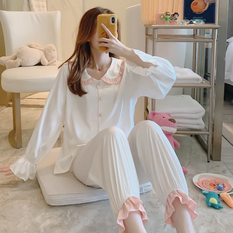 

Harajpee Ice Silk Sleepwear Princess Collar Pajamas Lady Spring and Summer Japanese Lovely Long Sleeve Thin Student Home Wear
