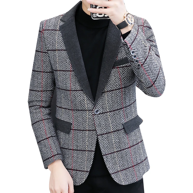 

2021Autumn and winter woolen plaid suit men's Korean style self-cultivation student casual suit jacket