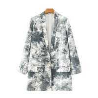 autumn women vintage black white tie dye single button print blazer coat loose casual long sleeve pockets female outerwear tops