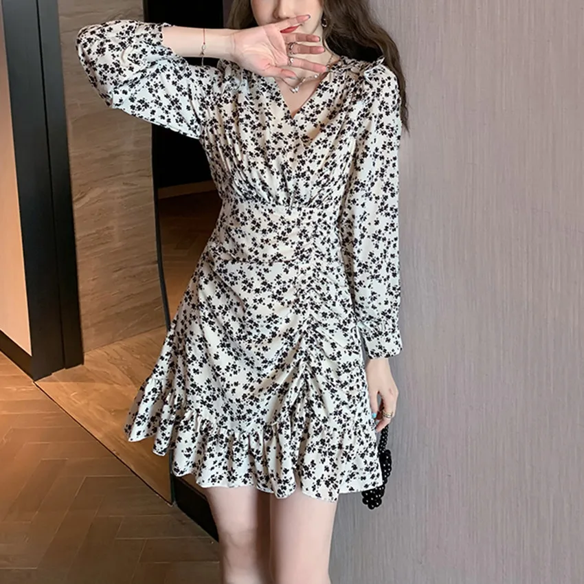 

Spring Autumn Floral Print Chiffon Dress Women Long Sleeve Ruffle Elegant Dress Sexy Mini Party Dresses Vestidos