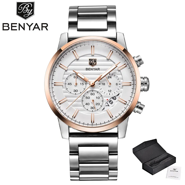 gold white Бренд класса люкс Benyar мужские часы полностью стальные спортивные наручные часы мужские армейские военные часы Мужские кварцевые часы Relogio Masculino - Цвет: gold white