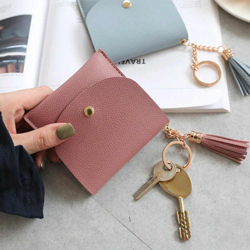 Кожаный мини кошелек с кисточками Женский держатель для карт кредитных чехол на