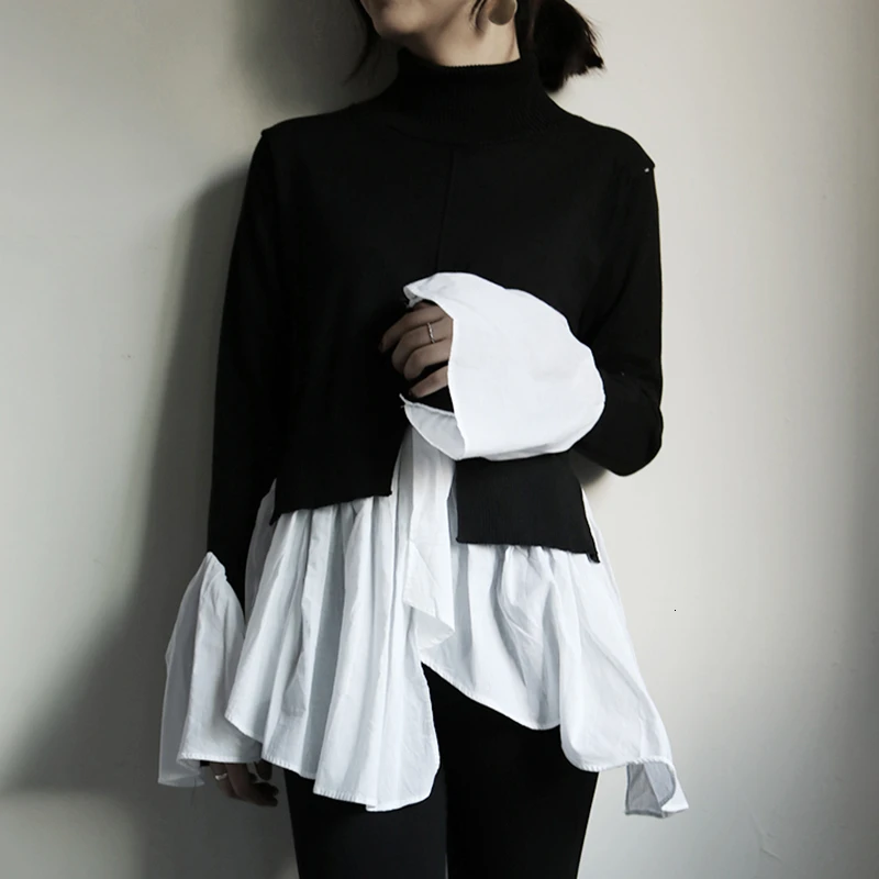 TWOTWINSTYLE хит цветной лоскутный женский свитер водолазка с расклешенными рукавами