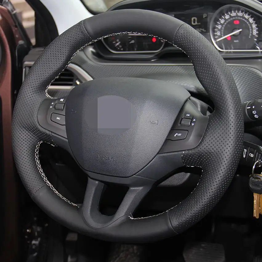 Сшитый вручную черный чехол рулевого колеса автомобиля из искусственной кожи