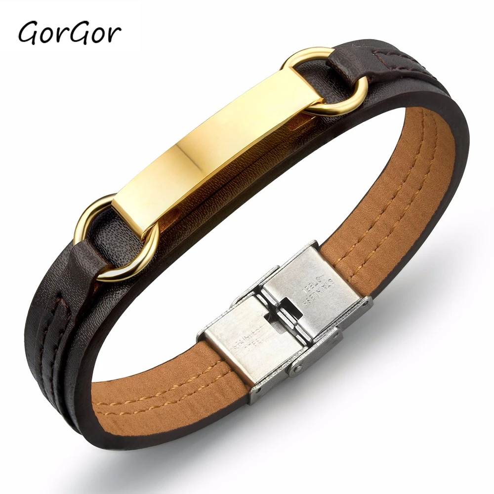 Новый Модный изысканный кожаный мужской браслет с позолотой из титановой стали
