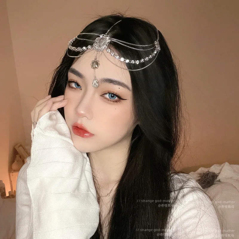 

Bohemian headdress retro photo hair ornament bridal forehead chain antique veil fairy hair hoop tassel Rhinestone Costume
