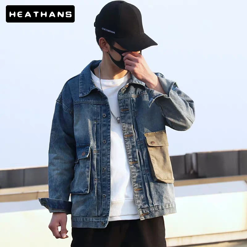 

Spring Autumn Fashion Denim Jackets Men's Japanese Vintage Jean Jackets Mens Loose Korean Patchwork Casual Male Coats Size S-3XL