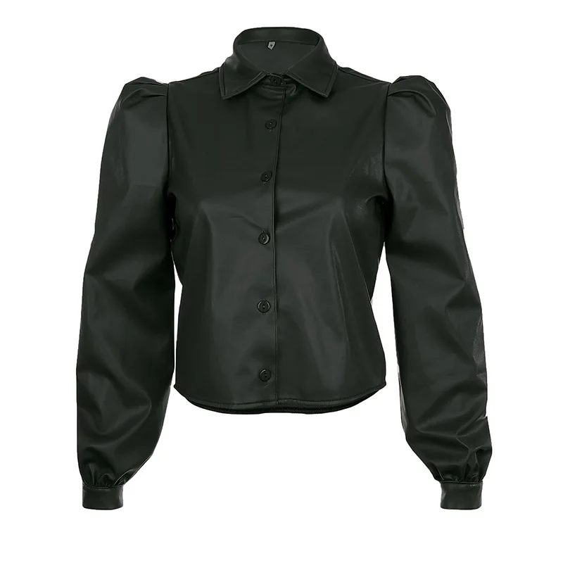 

Faux Leather Shirt woman Camisas Long Puff Sleeve Buttons Elegant Vintage Autumn 2020 Fall Leather Camisas Blouse ladies Tops