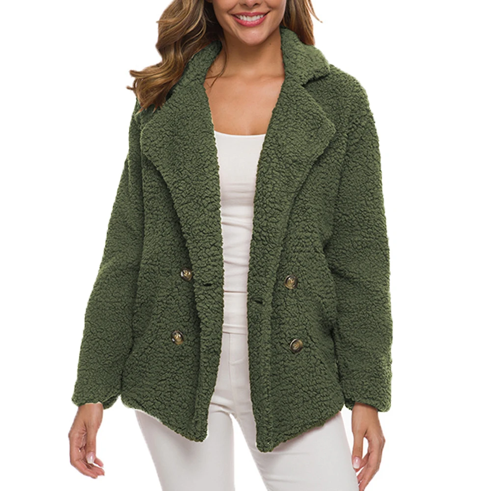 

Coat Women Double Breasted Turn Down Neck Green Outwear Pocket Loose Casual Winter Fluffly Coats