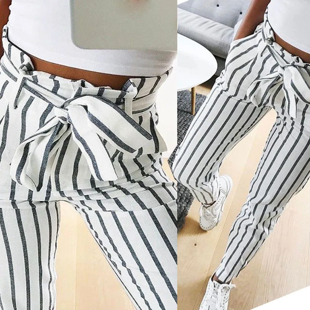 

Fashion Pants Skinny Women Striped Long Jeans Tie High Waist Ladies Pants Trouser pantalones mujer cintura alta#guahao