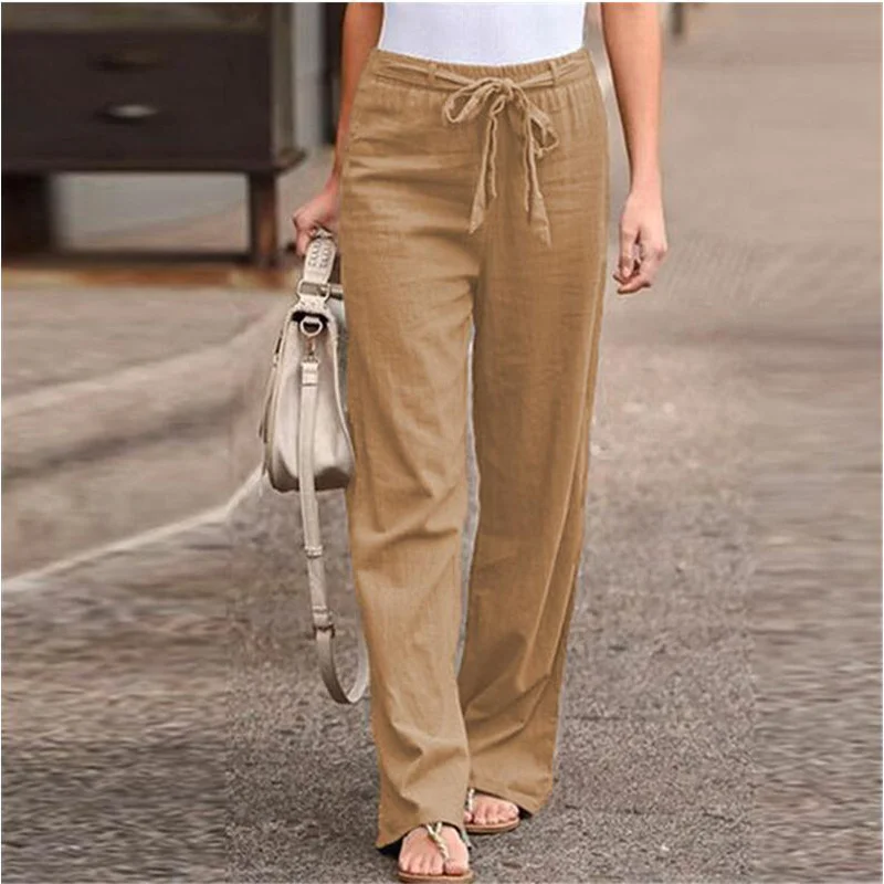 

Casual Loose Women's Wide Leg Pants Solid Cotton Linen Long Straight Trousers Harajuku High Waist Drawstring Pants Female 2021