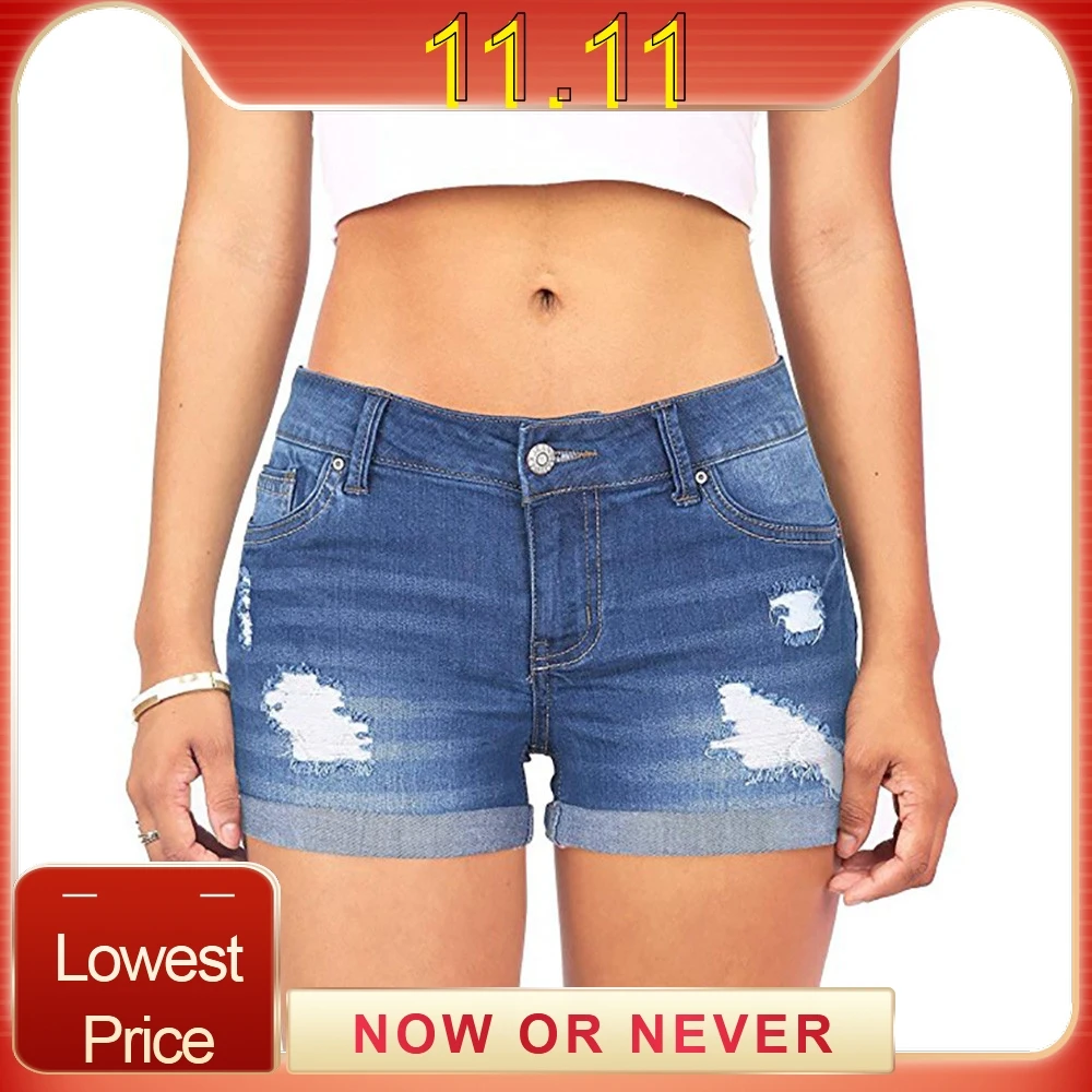 Короткие штаны синие 2019 женские с низкой талией потертые рваные короткие мини
