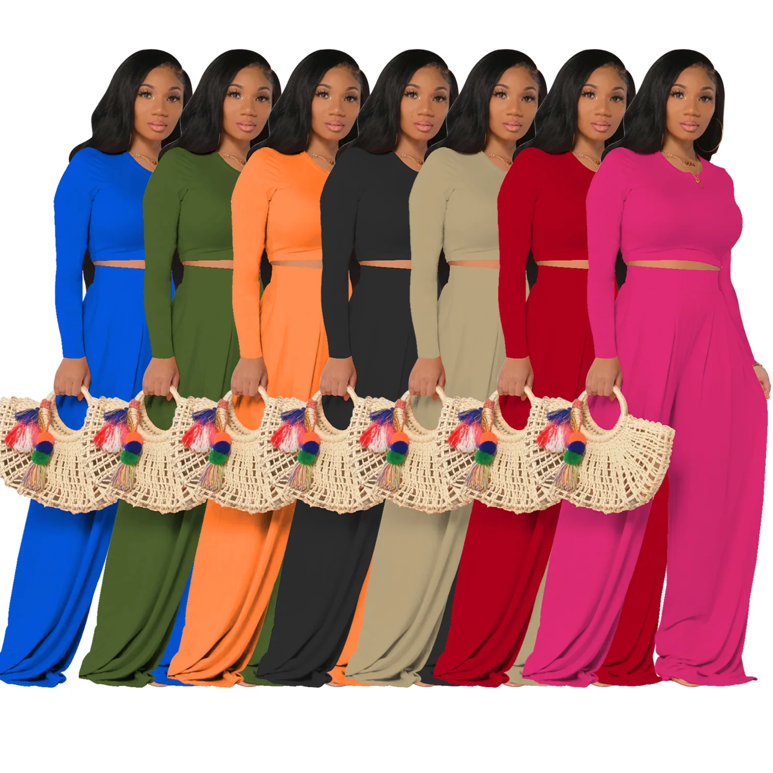 

Women's Tracksuit2021 Summer Hot-Selling Casual Women's Solid Color Lazy Style Long-Sleeved Bucket Pants Two-Piece Suit