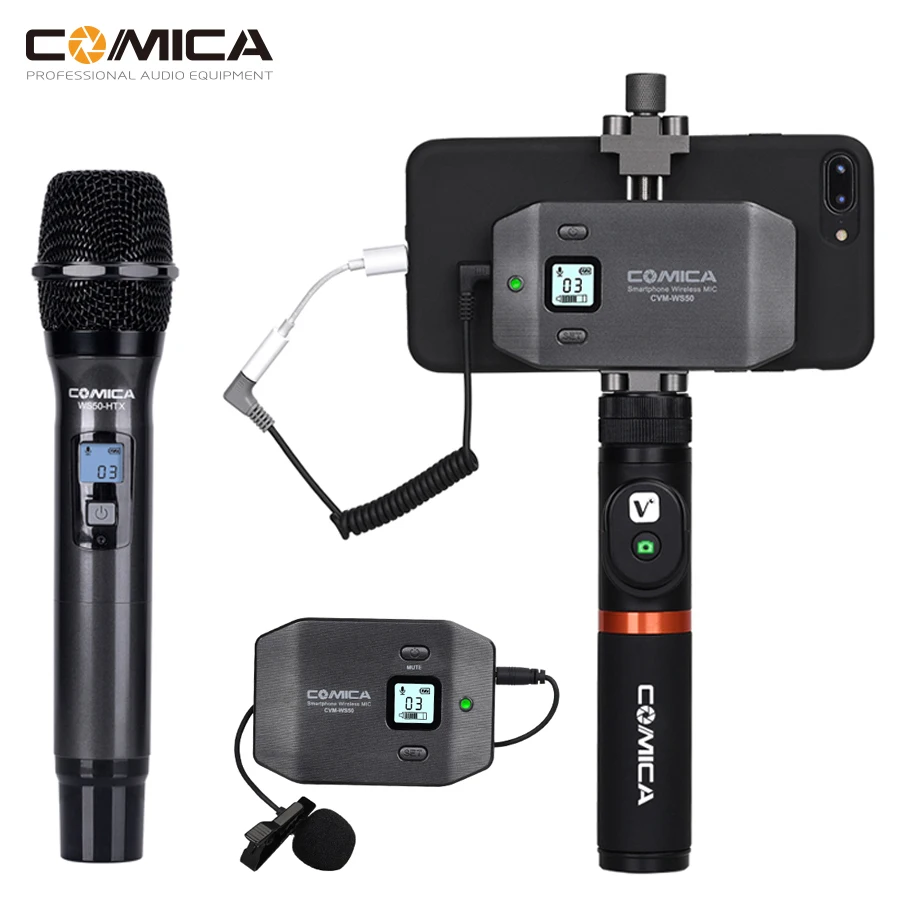 

Comica CVM-WS50 Wireless Smartphone Microphone Handheld Microphone UHF 6 Channels Wireless Lavalier Mic System Portable