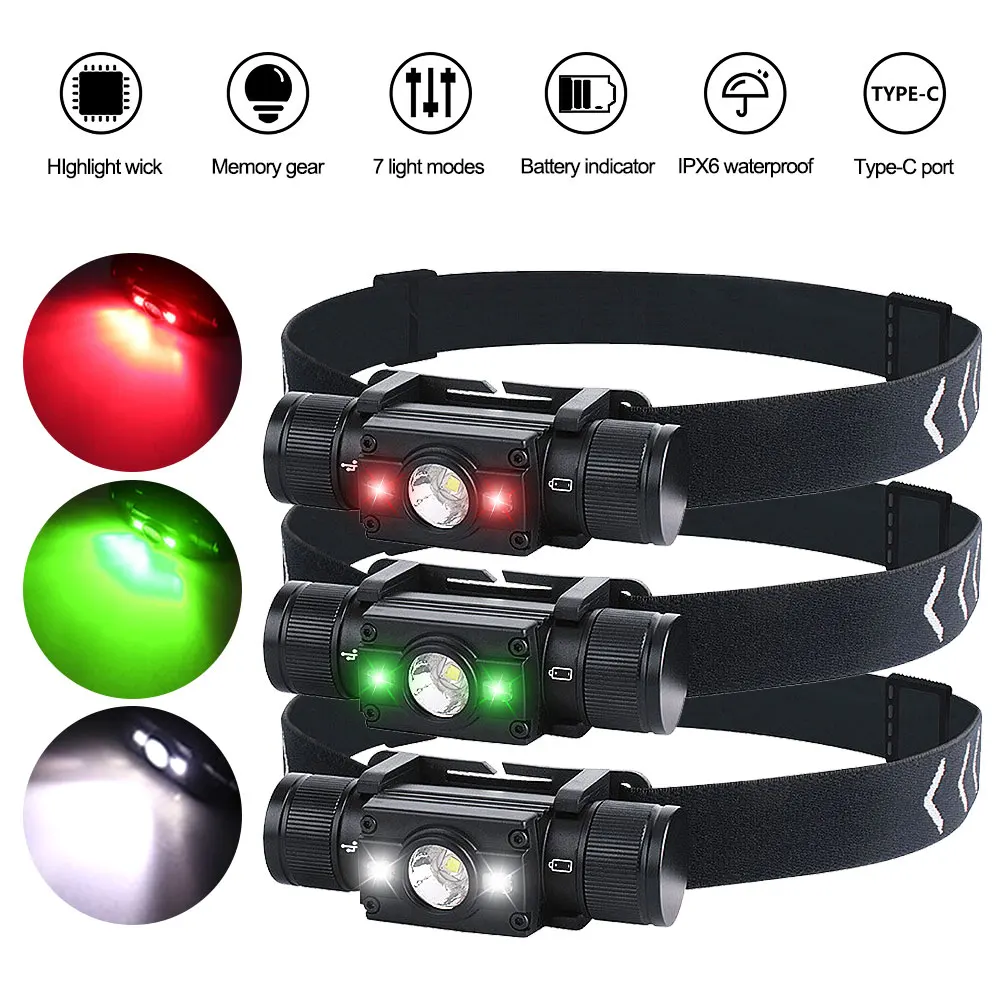 

2XPE LED Headlamp 1000LM 7-Mode Powerful Waterproof Headlight Type-C Rechargeable 18650 Head Torch for Camping Hunting Flashligh
