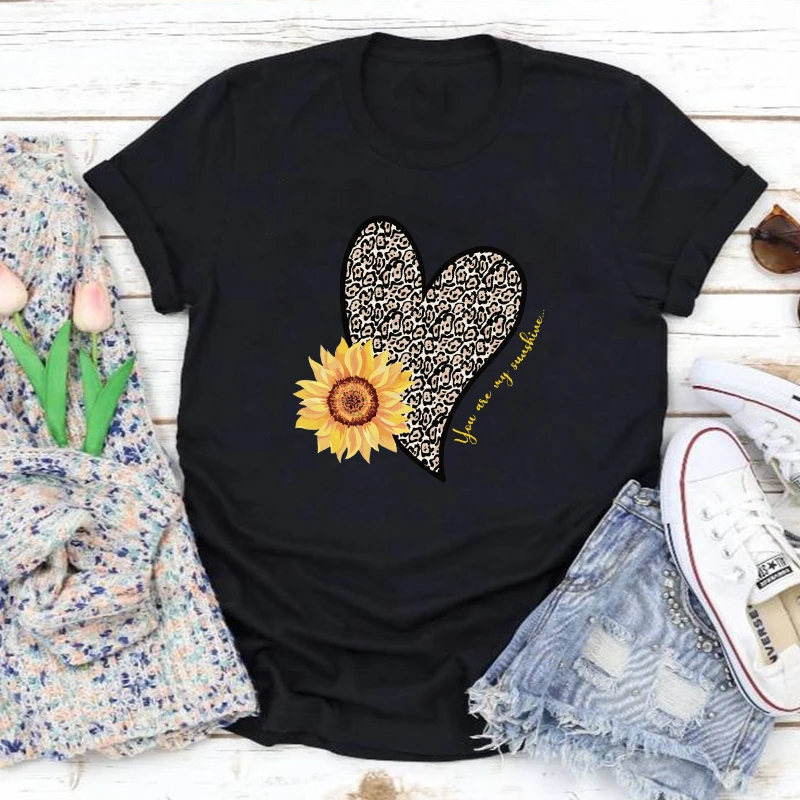 

С принтом «You Are My Sunshine в виде леопардовых сердец ко Дню Св; Футболка с рисунком подсолнечника; Винтаж Для женщин вдохновляющие христианские ...