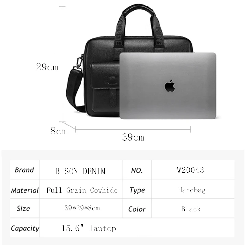 Bison Denim Brand Men Bag Genuine Leather Handbag Male 14 inch laptop Bag Briefcase Classic Black Crossbody Shoulder Bag