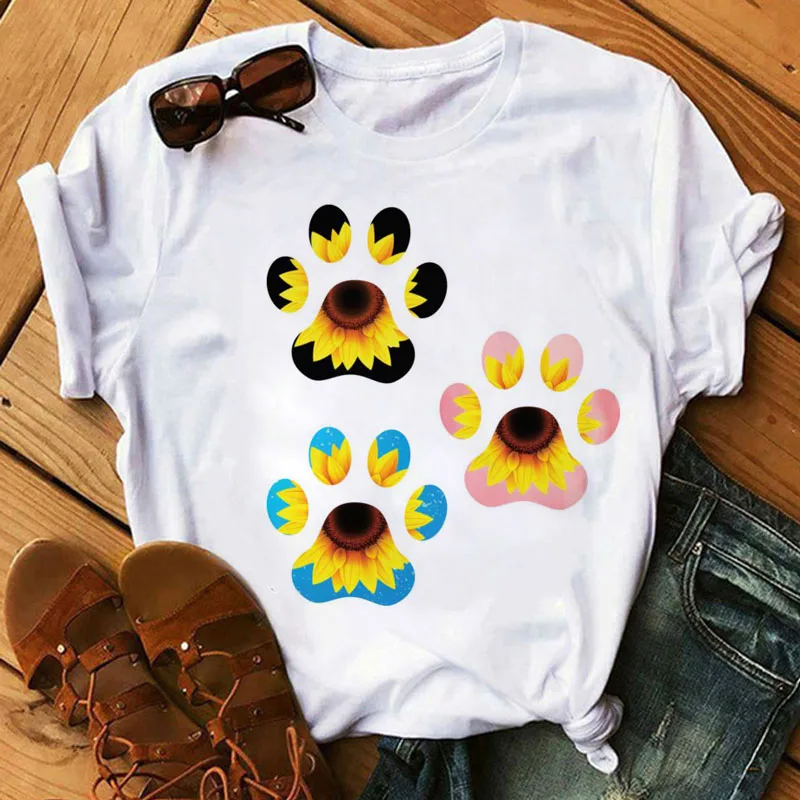 

Women T Shirt Sunflower Dog Paw Print Tops Female Casual Short Sleeve Tee Shirts Women Summer 90s Girls Cute Graphic T-shirt