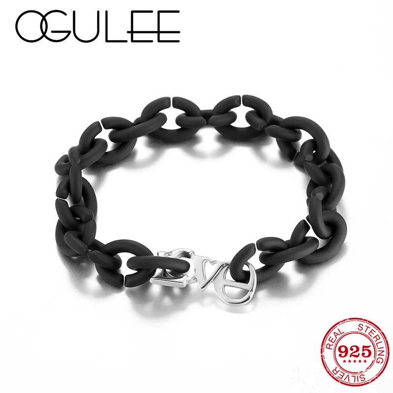 Серебряный бусина буква резиновый браслет ювелирные изделия черная жесткая