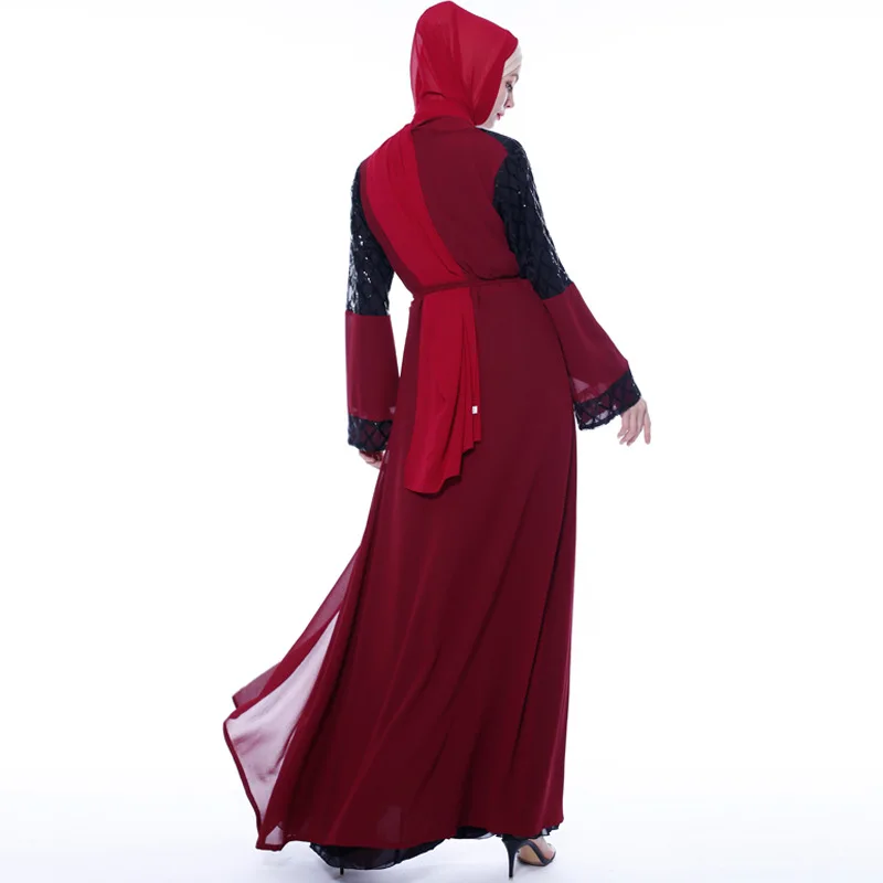 latest Dubai long-sleeved dress Muslim party Abaya ladies Arabian lace cardigan patchwork Turkish Islamic prayer gown robe