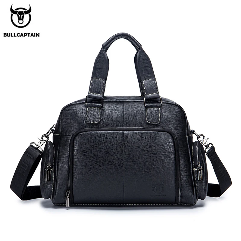 BULLCAPTAIN Men's Leather Briefcase 14-inch Large Capacity Laptop Business One-shoulder Messenger Handbag Casual Travel Bag