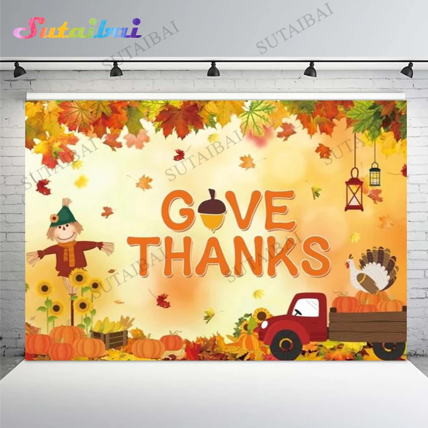 

Give Thanksgiving Day Party Truck Harvest Pumpkin Autumn Backdrop Fall Maple Leaves Sunflower Scarecrow Photo Background